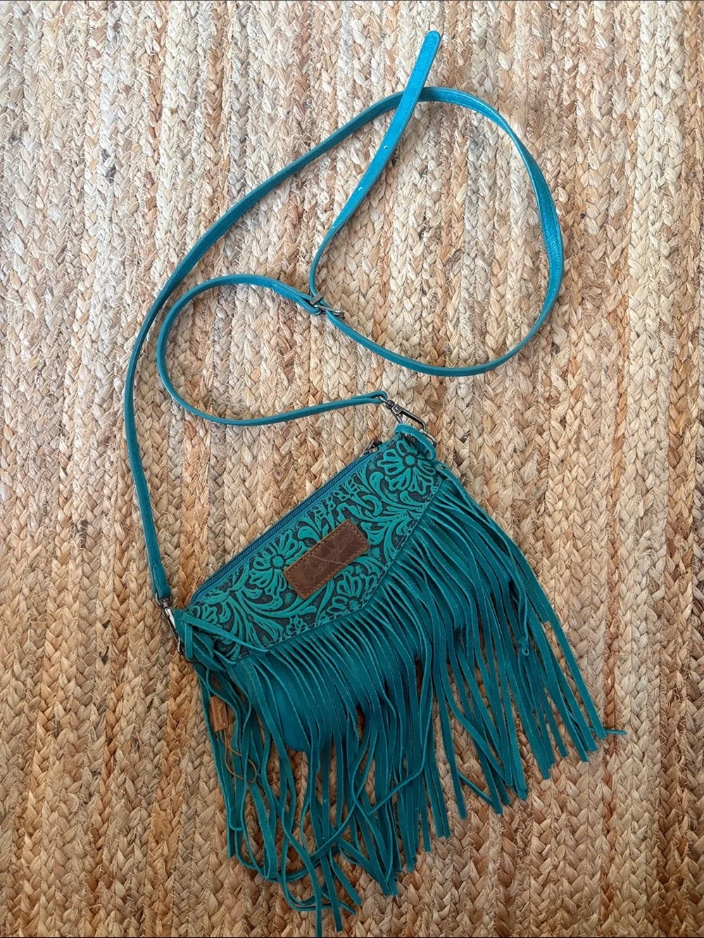 Tooled Fringe Crossbody Wallet in Teal by